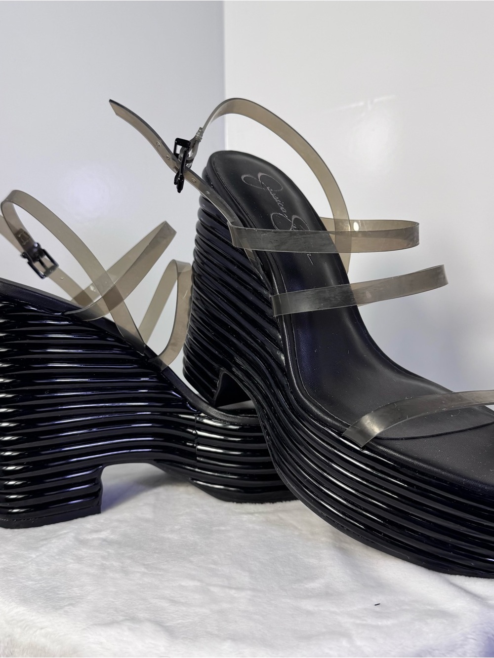 Jessica Simpson Clear Strap Platform Wedge Sandals Black 41/10 NWOB Y2K